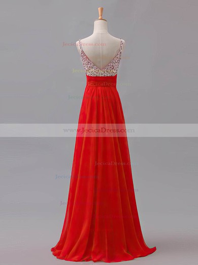 Backless A-line V-neck Chiffon Floor-length Beading Promotion Prom Dresses #JCD02013433