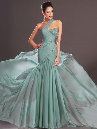 Latest Trumpet/Mermaid Chiffon with Flower(s) Sweep Train One Shoulder Prom Dresses #JCD02016319
