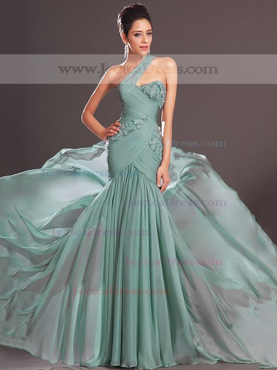 Latest Trumpet/Mermaid Chiffon with Flower(s) Sweep Train One Shoulder Prom Dresses #JCD02016319