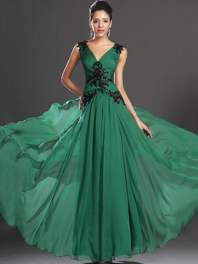 A-line V-neck Floor-length Chiffon Appliques Lace Graceful Prom Dresses #JCD02016321