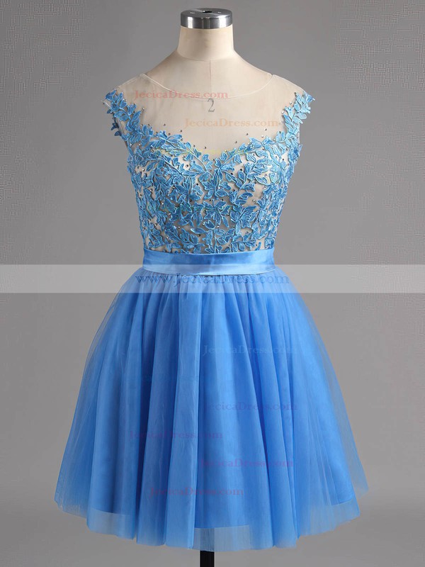 A-line Scoop Neck Satin Tulle Appliques Lace Short/Mini Glamorous Prom Dresses #ZPJCD02016005
