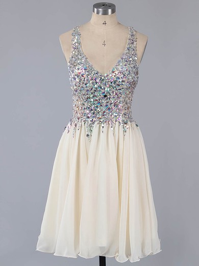 A-line V-neck Lace Chiffon Crystal Detailing Short/Mini Amazing Prom Dresses #ZPJCD02016363