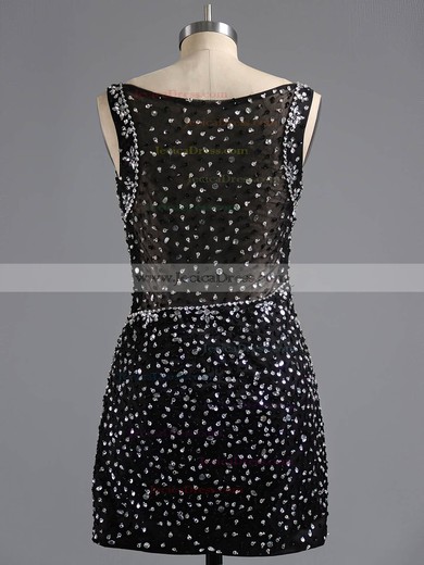 Sheath/Column V-neck Satin Tulle Short/Mini Beading Black Prom Dresses #ZPJCD02017081