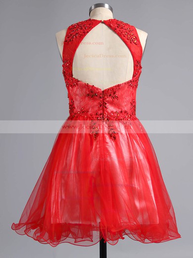 Open Back A-line Scoop Neck Lace Tulle Short/Mini Beading Red Prom Dresses #ZPJCD02019171