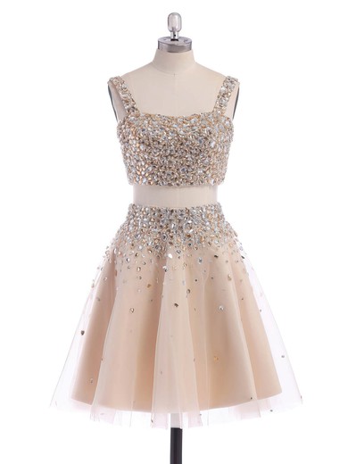 Sparkly A-line Square Neckline Tulle Short/Mini Beading Two Piece Prom Dresses #ZPJCD02019194