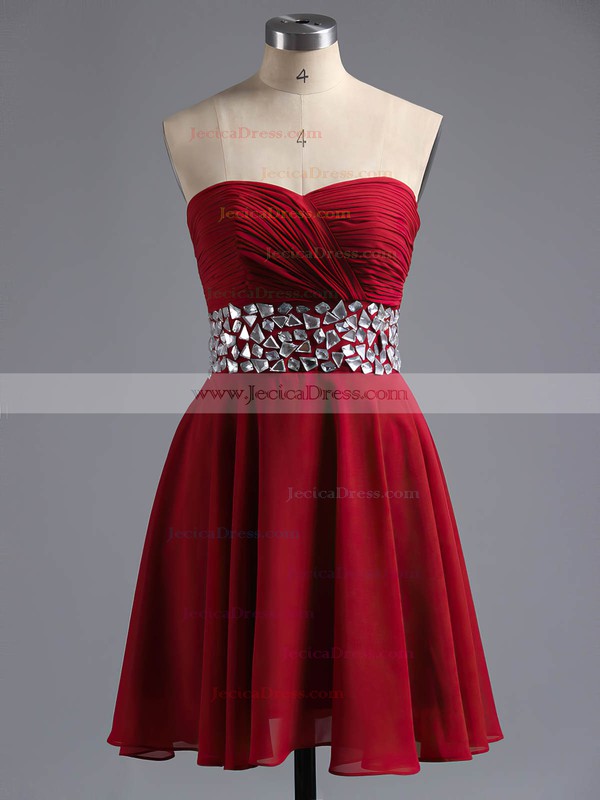 A-line Sweetheart Chiffon Short/Mini Crystal Detailing Burgundy Prom Dresses #ZPJCD02041948