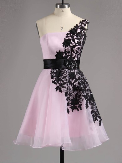 A-line One Shoulder Lace Chiffon Tulle Appliques Lace Short/Mini Prom Dresses #ZPJCD02042082