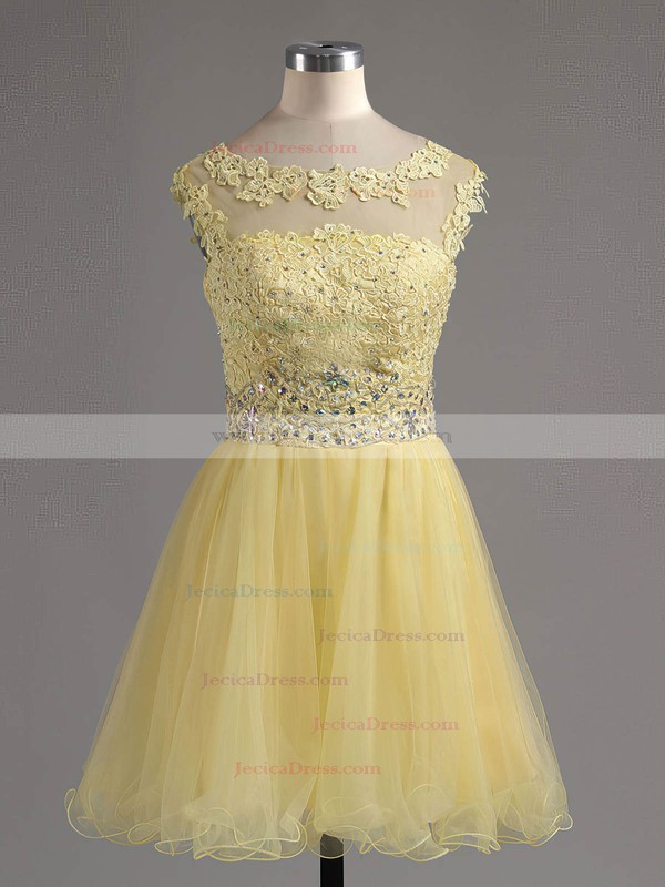 Glamorous A-line Scoop Neck Tulle Beading Short/Mini Prom Dresses #ZPJCD02042343