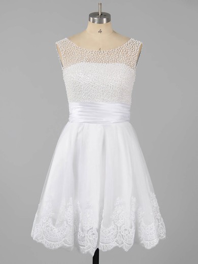 White A-line Scoop Neck Tulle Short/Mini Beading Backless Prom Dresses #ZPJCD02051621