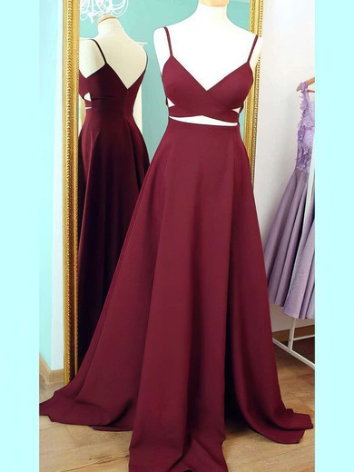A-line V-neck Silk-like Satin with Ruffles Sweep Train Simple Prom Dresses #JCD020102743