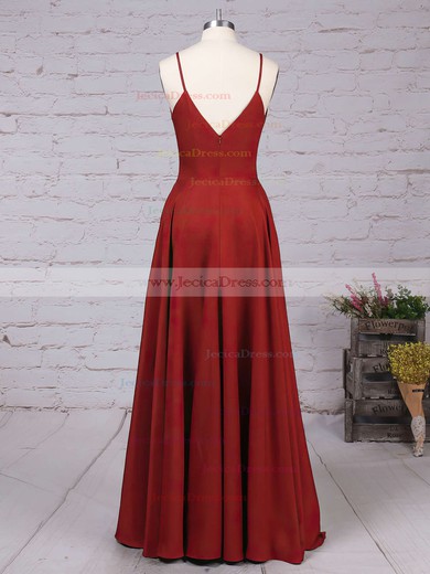 A-line V-neck Silk-like Satin with Ruffles Sweep Train Simple Prom Dresses #JCD020102743