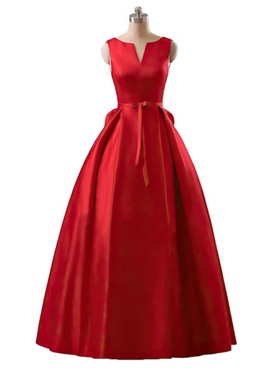Modest Scoop Neck Satin Sashes / Ribbons Floor-length Princess Red Prom Dresses #JCD020102746