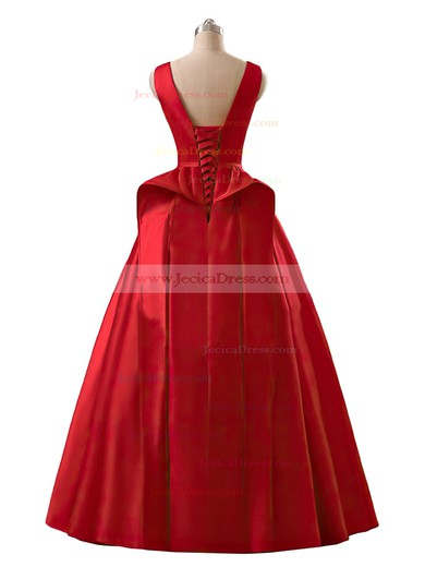 Modest Scoop Neck Satin Sashes / Ribbons Floor-length Princess Red Prom Dresses #JCD020102746