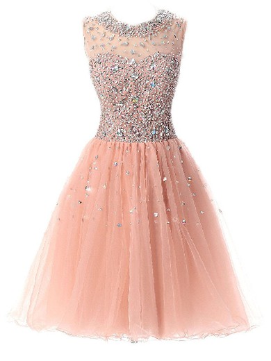 Short/Mini A-line Scoop Neck Tulle with Beading Modern Prom Dresses #JCD020102747