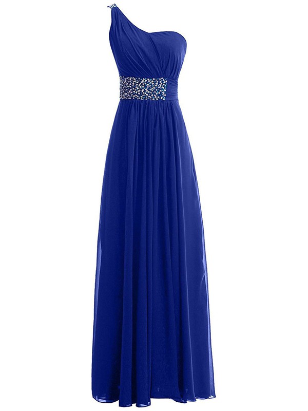 Affordable A-line Chiffon Beading Floor-length One Shoulder Royal Blue Prom Dresses #JCD020102749