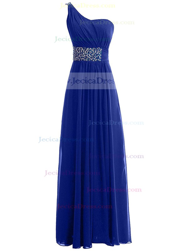 Affordable A-line Chiffon Beading Floor-length One Shoulder Royal Blue Prom Dresses #JCD020102749