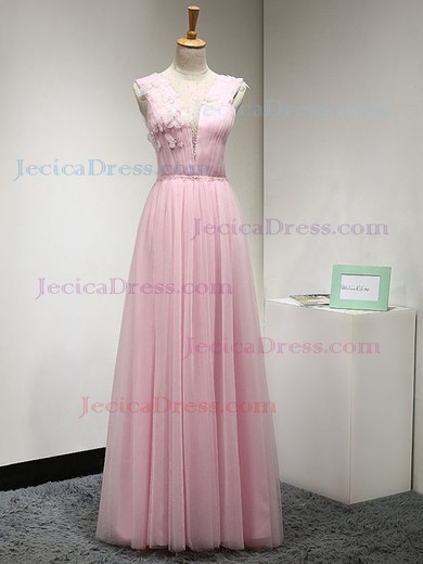 Pretty A-line Scoop Neck Pink Tulle with Beading Floor-length Prom Dress #JCD020102756
