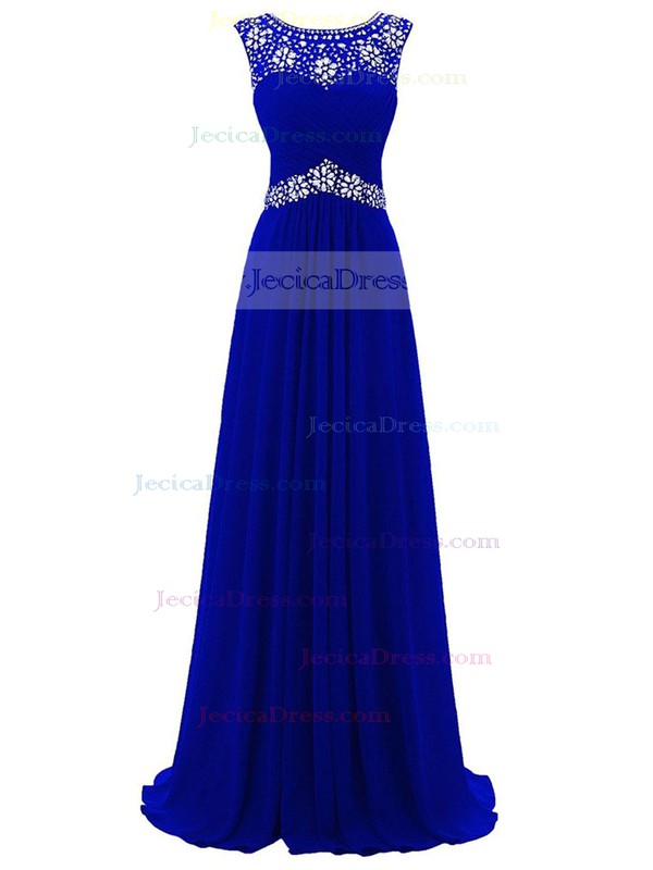 Original Royal Blue A-line Scoop Neck Chiffon Tulle Beading Floor-length Prom Dress #JCD020102757
