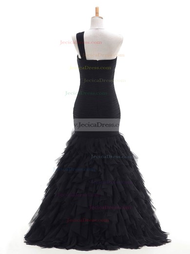 One Shoulder Trumpet/Mermaid Black Tulle Cascading Ruffles Floor-length Perfect Prom Dress #JCD020102760