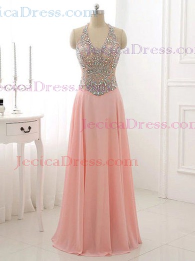 Sexy Halter A-line Chiffon Tulle Beading Floor-length Backless Prom Dresses #JCD020102768