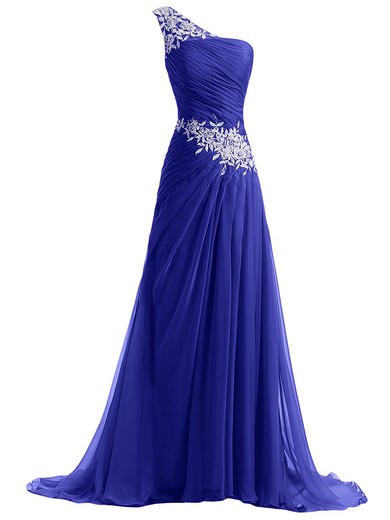 Graceful One Shoulder A-line Royal Blue Chiffon Appliques Lace Sweep Train Prom Dresses #JCD020102769