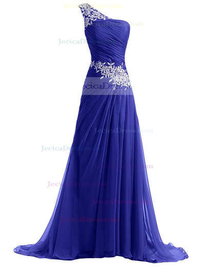 Graceful One Shoulder A-line Royal Blue Chiffon Appliques Lace Sweep Train Prom Dresses #JCD020102769