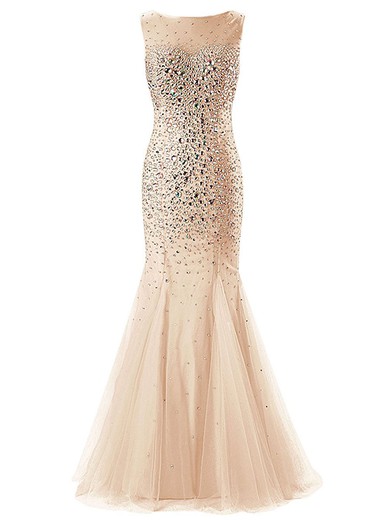 Trumpet/Mermaid Scoop Neck Tulle with Beading Floor-length Sparkly Prom Dresses #JCD020102770