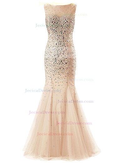 Trumpet/Mermaid Scoop Neck Tulle with Beading Floor-length Sparkly Prom Dresses #JCD020102770