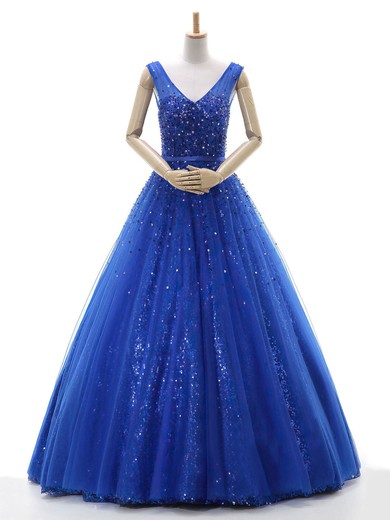 Royal Blue Princess V-neck Tulle Sequined Beading Floor-length Classy Prom Dresses #JCD020102772