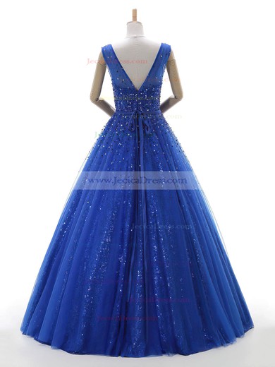 Royal Blue Princess V-neck Tulle Sequined Beading Floor-length Classy Prom Dresses #JCD020102772