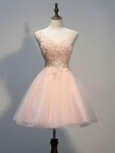 Short/Mini Princess V-neck Tulle Appliques Lace Prettiest Prom Dresses #JCD020102773