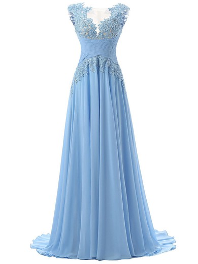 A-line Scoop Neck Chiffon Tulle with Appliques Lace Sweep Train Online Prom Dresses #JCD020102774