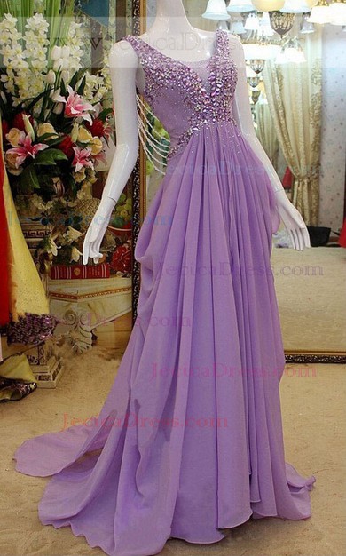 A-line Scoop Neck Tulle Chiffon with Beading Watteau Train Boutique Prom Dresses #JCD020102776