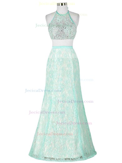 Amazing Two Piece Backless Halter Lace with Sequins Floor-length Trumpet/Mermaid Prom Dresses #JCD020102777