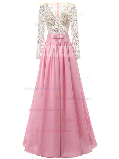 New A-line V-neck Satin Tulle with Beading Floor-length Long Sleeve Prom Dress #JCD020102778