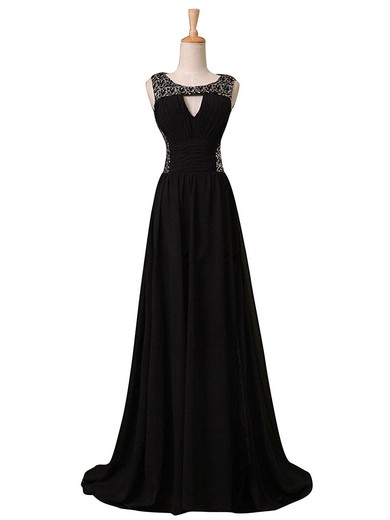 Wholesale Black A-line Scoop Neck Chiffon with Sequins Sweep Train Prom Dresses #JCD020102781