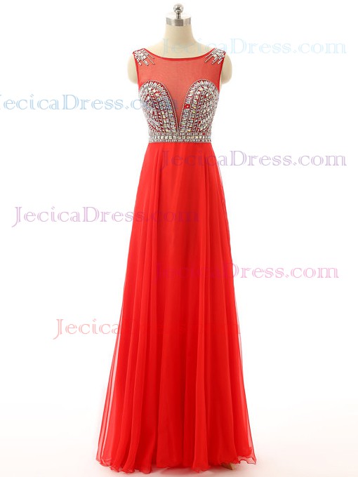 Nice Backless A-line Scoop Neck Chiffon Tulle with Beading Floor-length Prom Dresses #JCD020102788