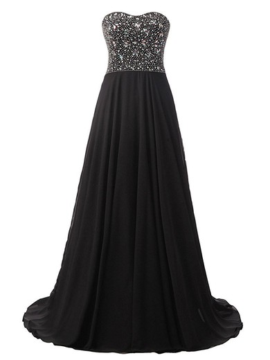 Promotion Black A-line Sweetheart Chiffon with Beading Sweep Train Prom Dresses #JCD020102791