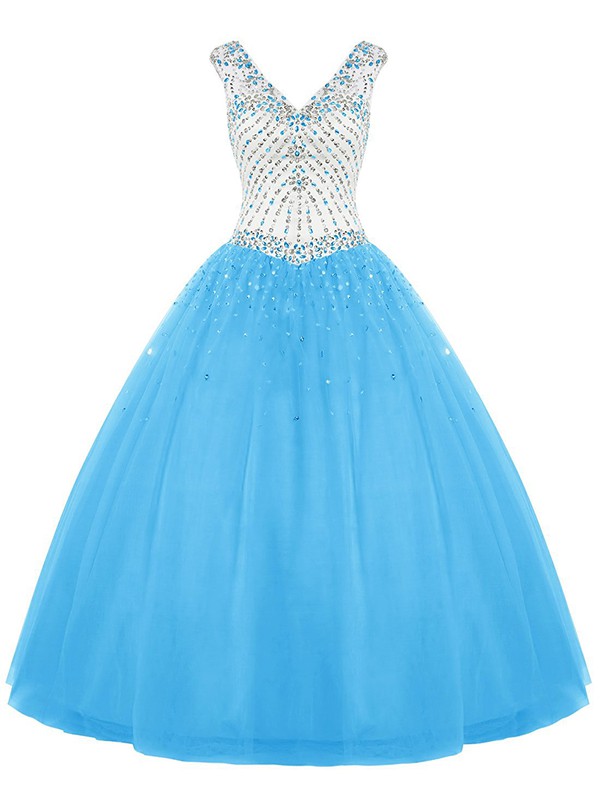 Ball Gown V-neck Tulle with Beading Floor-length Lace-up Noble Prom Dresses #JCD020102792