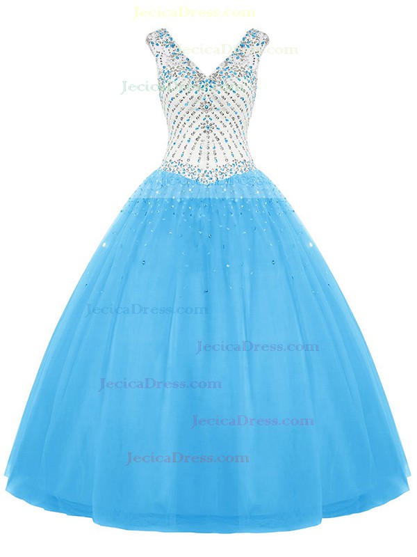 Ball Gown V-neck Tulle with Beading Floor-length Lace-up Noble Prom Dresses #JCD020102792