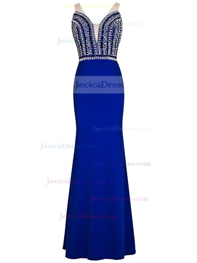 Modern Open Back V-neck Sheath/Column Tulle Silk-like Satin Beading Floor-length Prom Dress #JCD020102793