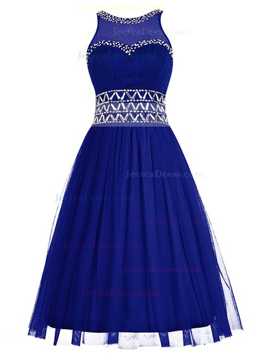 Discounted Royal Blue A-line Scoop Neck Tulle with Beading Knee-length Prom Dresses #JCD020102795