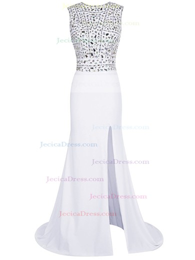 Beautiful Sheath/Column Scoop Neck White Chiffon Beading Sweep Train Prom Dresses #JCD020102796