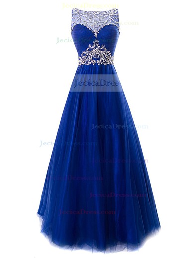 Royal Blue Open Back A-line Scoop Neck Tulle Beading Floor-length Perfect Prom Dress #JCD020102797