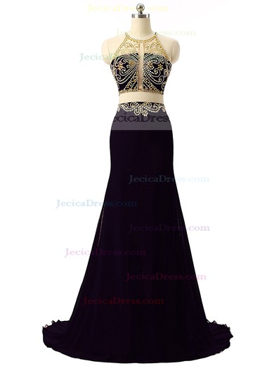 Famous Two Piece Backless Black A-line Scoop Neck Chiffon Beading Sweep Train Prom Dress #JCD020102798