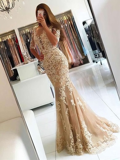 Backless Scoop Neck Tulle Appliques Lace Sweep Train Beautiful Trumpet/Mermaid 1/2 Sleeve Prom Dresses #JCD020102800