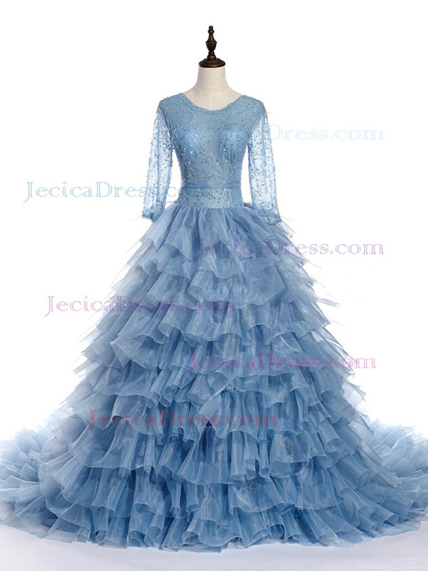Fabulous Scoop Neck Princess Organza Lace with Sequins Chapel Train Long Sleeve Prom Dresses #JCD020102803