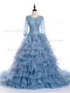 Fabulous Scoop Neck Princess Organza Lace with Sequins Chapel Train Long Sleeve Prom Dresses #JCD020102803