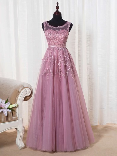 A-line Scoop Neck Tulle with Appliques Lace Floor-length Perfect Long Prom Dresses #JCD020102804