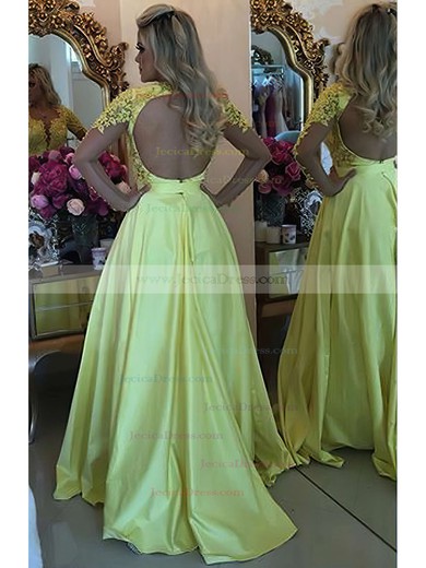 Open Back A-line Scoop Neck Tulle Silk-like Satin Appliques Lace Sweep Train Famous Long Sleeve Prom Dresses #JCD020102805